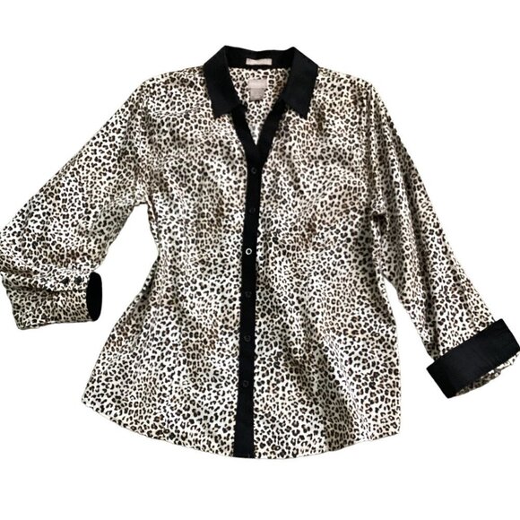 Chico's 1 (M/8) No-Iron Button-Up Contrast Black Trim Leopard Print Shirt 168D - Picture 1 of 7